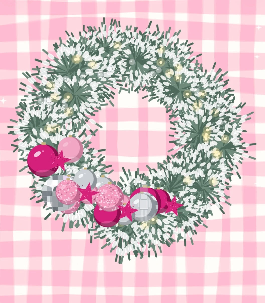 Illustrated frosted wreath with pink, magenta and silver baubles and glitter stars on pink gingham