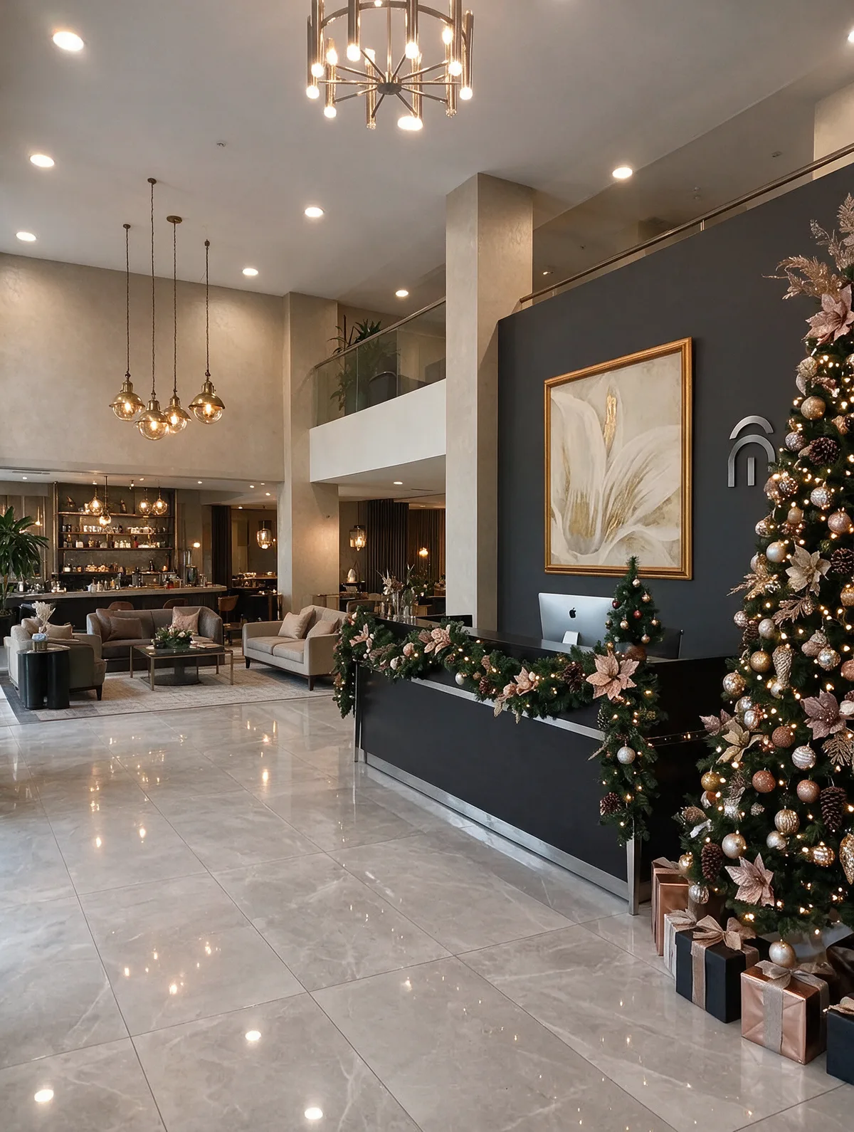 Gold-dressed tree and garland at a hotel lobby reception desk