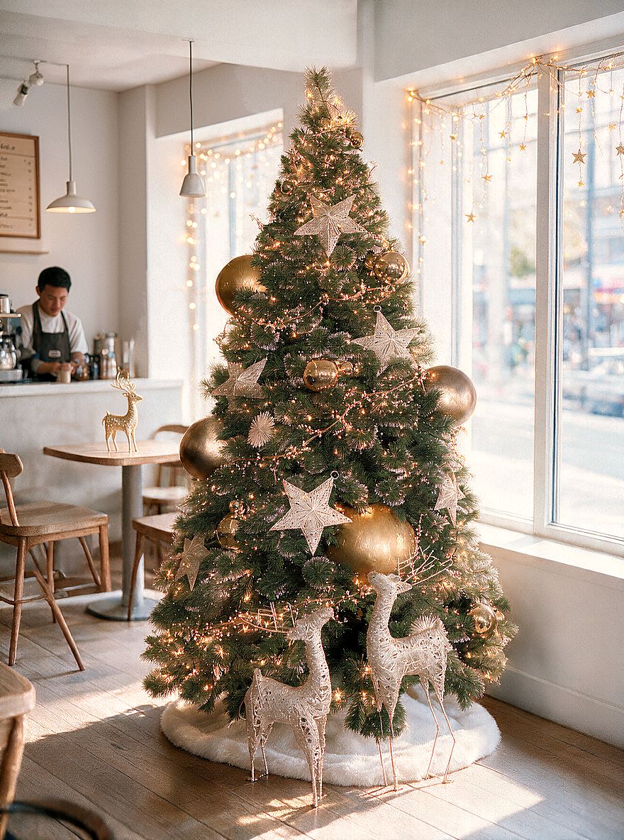 Gold and white tree with reindeer in a sunny cafe